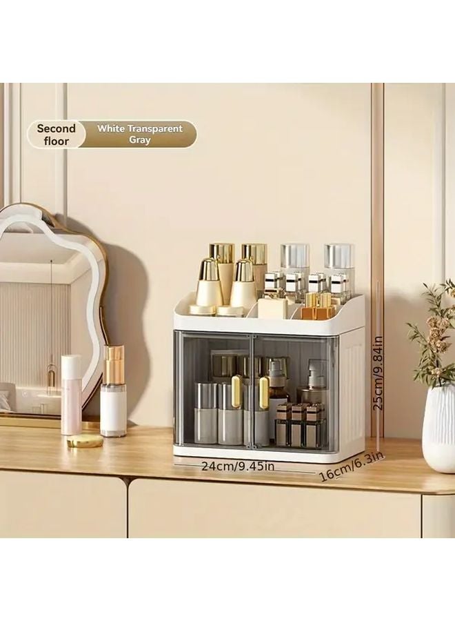 Cream Transparent 2 Tier Large Capacity Foldable Makeup Organizer Cosmetic Storage Box - Image 4